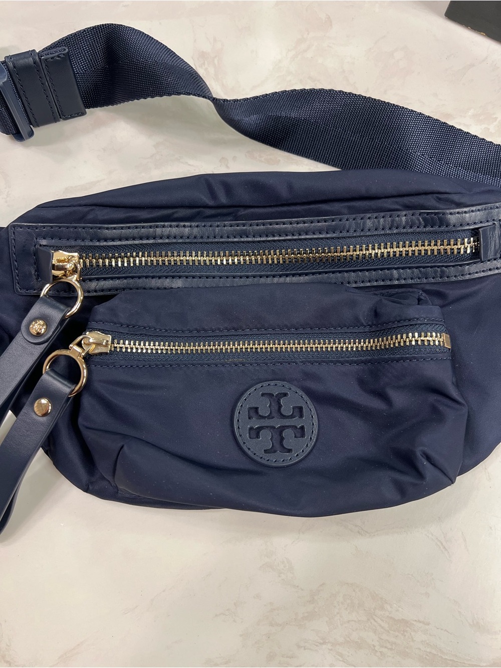 Tory Burch Navy Nylon Crossbody Pouch with Gold Zippers